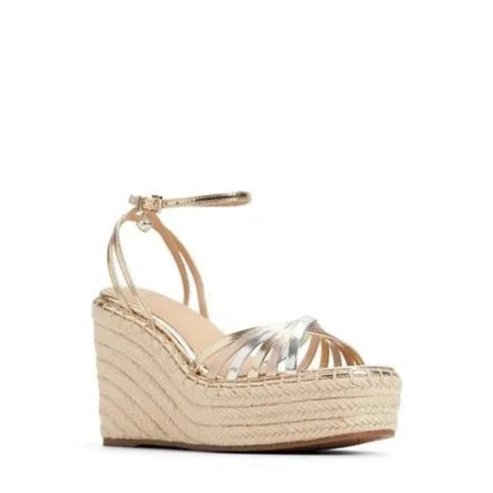 Ted Baker London Metallic Gold Silver Espadrille Wedge Sandals Strappy Heel